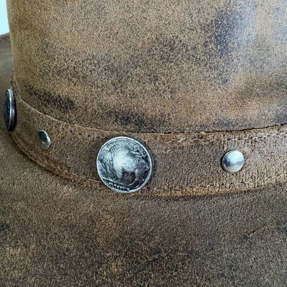 Minnetonka Outback Buffalo Nickel Hat Genuine Leather Brown Western Cowboy Sz L - Picture 9 of 9